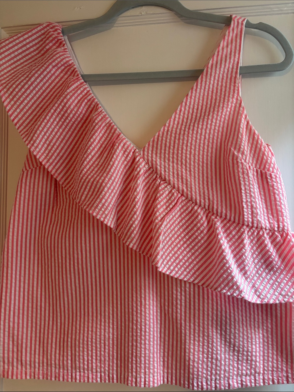 Women’s Pink Stripe Seersucker Ruffle Top